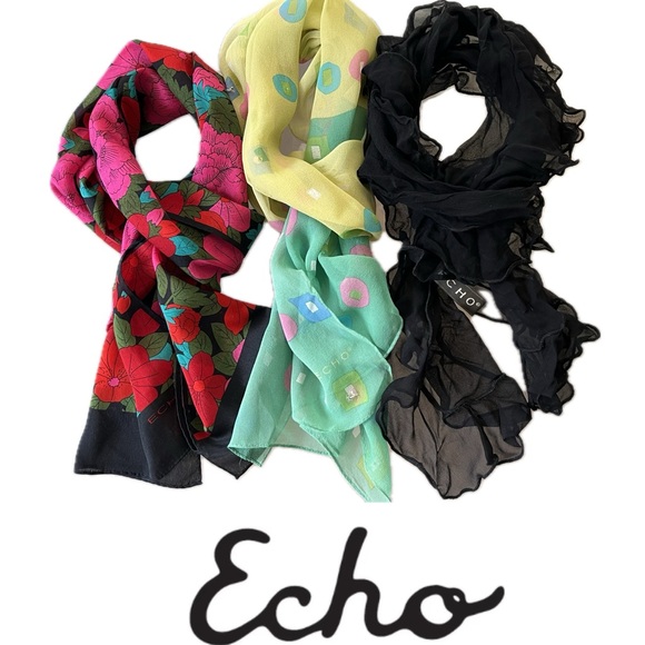 3️⃣🧣Lot of 3 Silk Scarves by ECHO | Oblong | Solid Black/Black Floral/Pastel - Picture 17 of 17